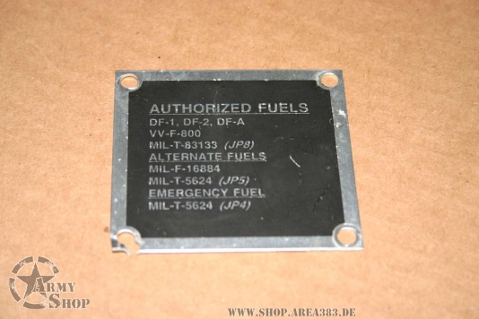 US ARMY Data Plate Autohorized Fuels