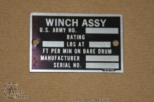 Winch Assy Data Plate