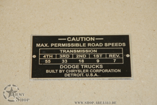 Data Plate Dodge WC MAX Road Speeds, 4x4