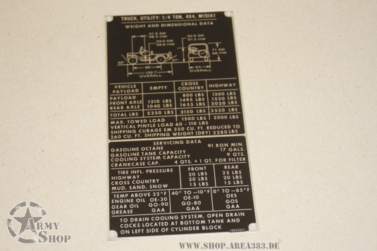Data plate M151 A1 Weight and Dimensional DATA