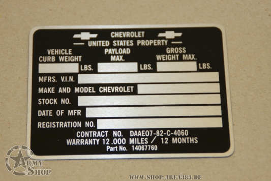 Data Plate CUCV  EX ARMY Chevy