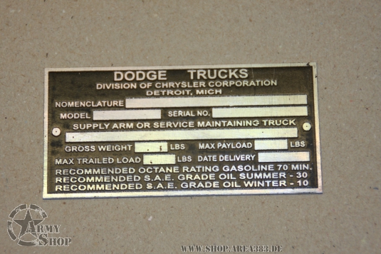 Data Plate Dodge WC
