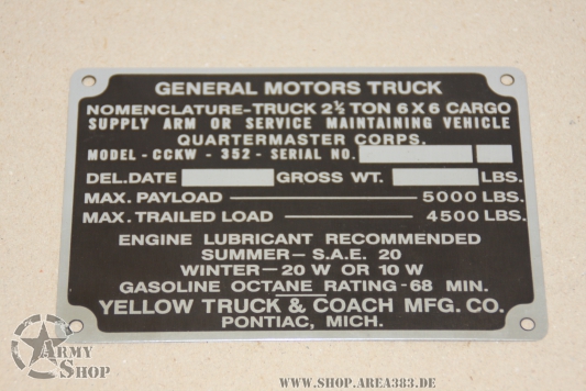 GMC CCKW 352 NOMENCLATURE DATA PLATE