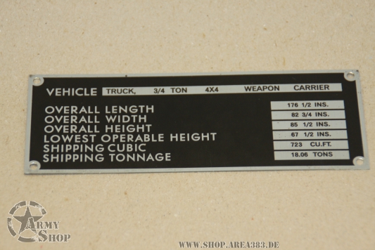 Data Plate Shipping Dodge WC 51