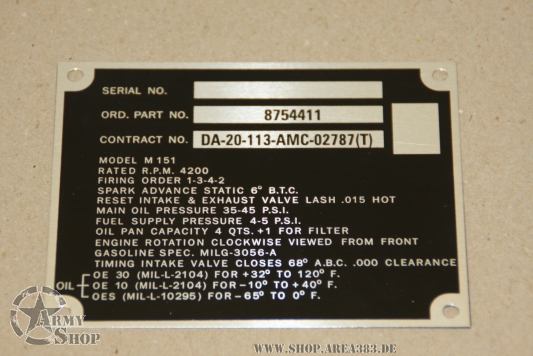 Dataplate Engine Ford Mutt M151