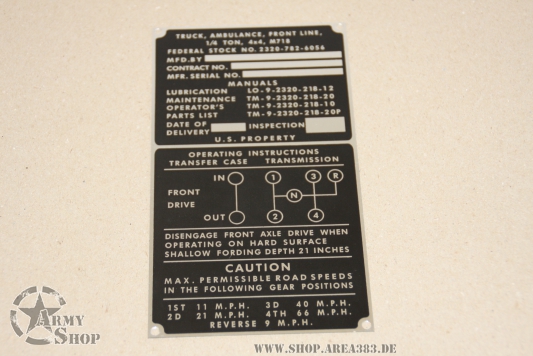 M718 JEEP OPERATING INSTRUCTIONS DATA PLATE