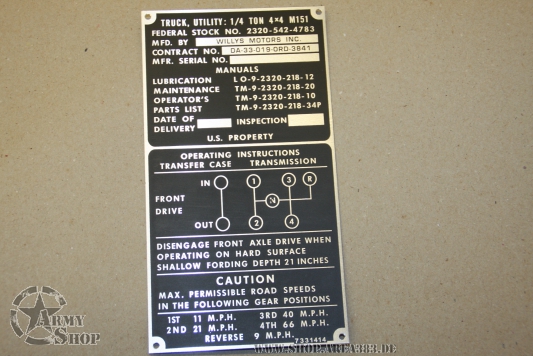 Nomenclature Data plate Ford Mutt M151 (Willys Motors)
