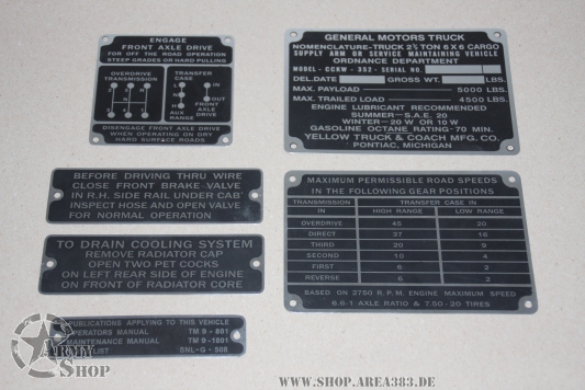 Data Plate Set GMC 352 without winch (set of 6)