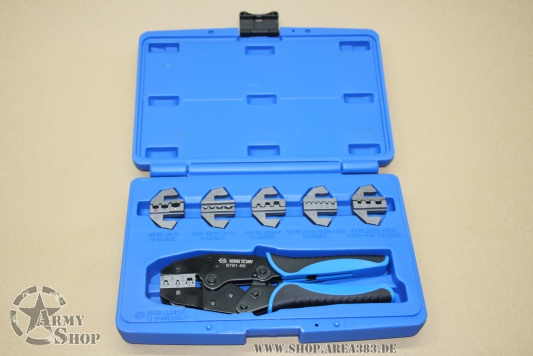Box set of ratchet crimping pliers with interchangeable dies