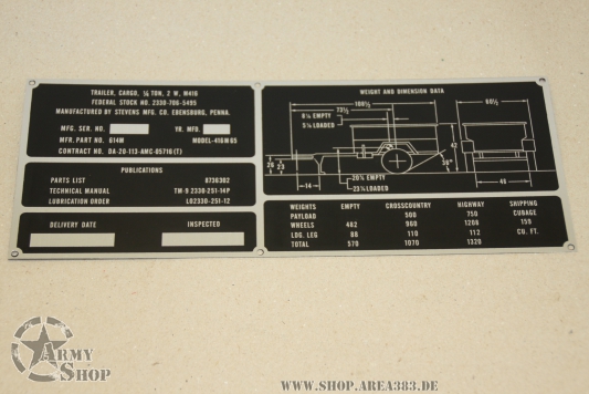 US Army Trailer M416 Data Plate