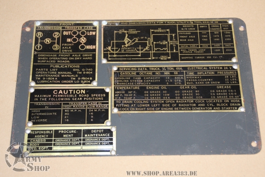 NOS Original US Govt Surplus Brass Master Data Plate Set  M38