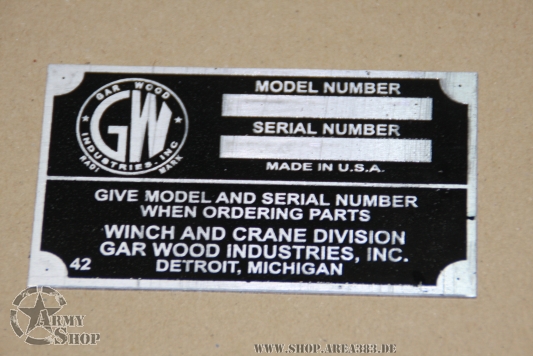 Plate Winde GMC CCKW GAR WOOD