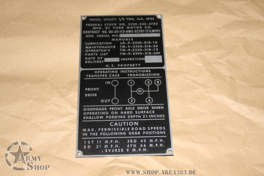 Data Plate Ford M151 ,2320-542-4783