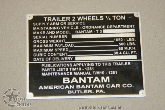 Typenschild Trailer 1/4 Ton Bantam