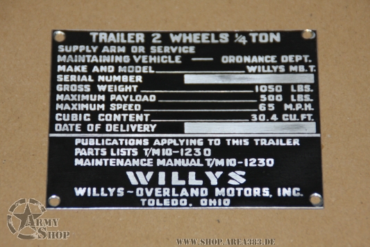 Typenschild Trailer 1/4 Ton Willys