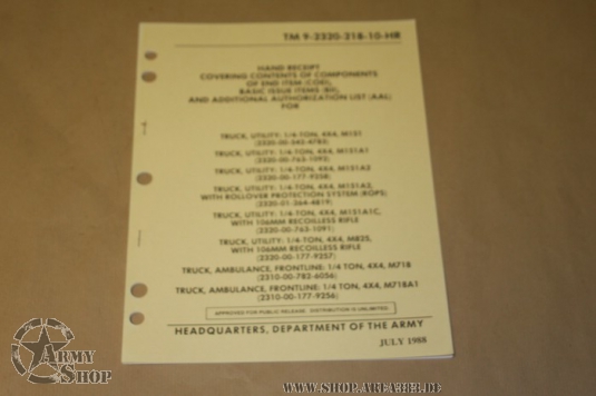 TM 9-2320-218-10-HR Hand Receipt Covering Ford Mutt M151