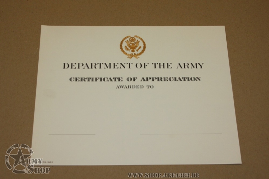 Urkunde Certificate of Appreciation US Army