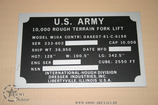 Data Plate Fork Lift Model M10A 163mmx88mm