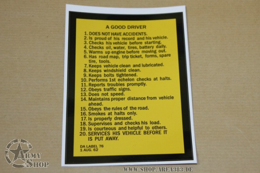Aufkleber für Militärfahrzeuge A Good Driver (August 1962)