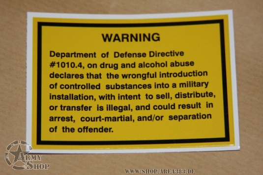 Decal  US DRUGS AND ALCOHOL WARNING
