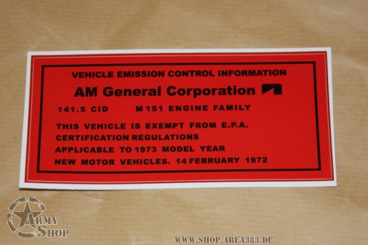M151 Emission Control Hinweisschild M151