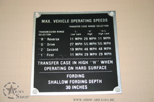 HMMWV MAX Speed  Plate  HMMWV