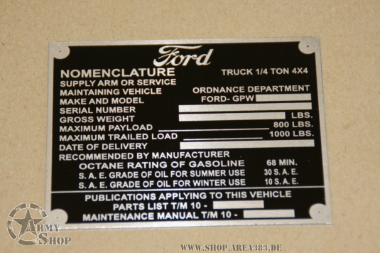 Plate Ford 1/4 ton
