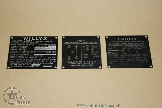 PLATES DATA Willys ZINC STD (SET OF 3)
