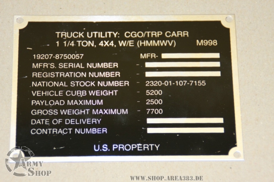 US Army Hummer H1 M998 Plaque constructeur Identification Plate