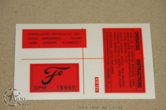 Dry decal set for Purolator oil filters