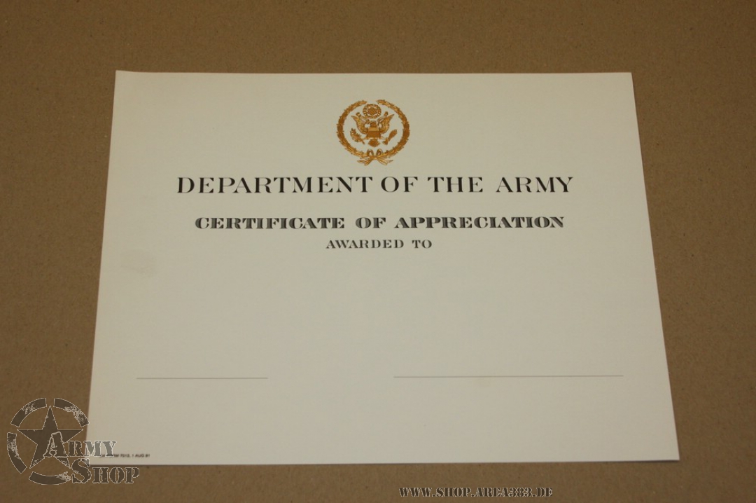U.s. Army Certificate Of Appreciation