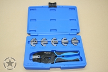 Box set of ratchet crimping pliers with interchangeable dies