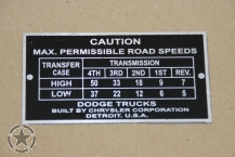 Data Plate Dodge WC MAX Road Speeds, 6x6