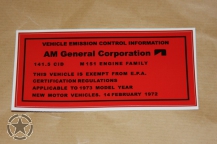 M151 Emission Control Hinweisschild M151